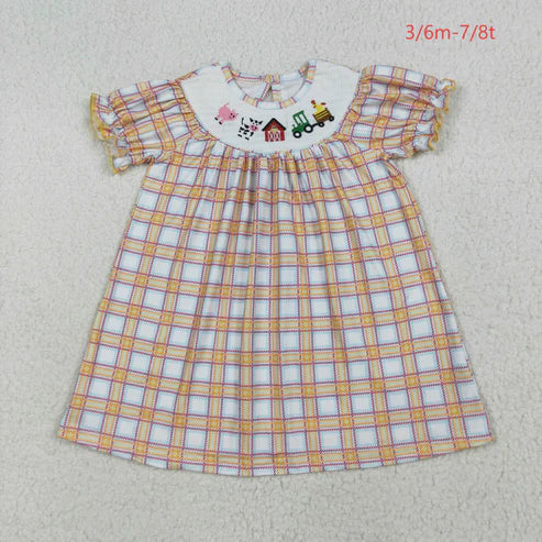 7.15 GSD2276 Baby Girls Orange Plaid Short Ruffle Sleeves Smocked Cows Pigs Farm Knee Length Dress