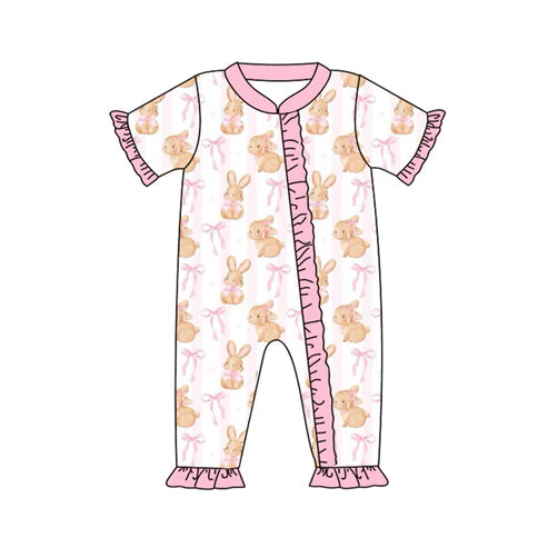 7.19 SR2021 Baby Infant Girls Easter Bunny Bows Zip Rompers preorder