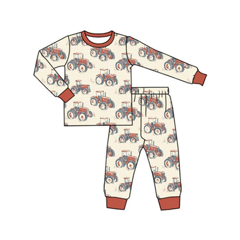 7.12  BLP1159 Baby Boys Long Sleeves Trucks Plaid Top Pant Farm Pajamas Set Preorder