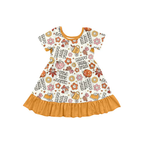 7.11 GSD2756 Baby Girls Short Sleeves Happy Fall Pumpkins Ruffle Knee Length Dress Preorder