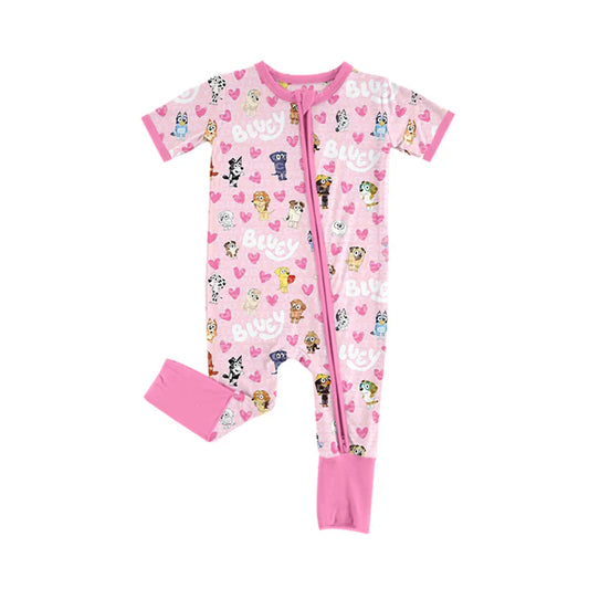 7.23 SR2058 Baby Infant Girls Valentines Dogs Pink Short Sleeve Zip Rompers preorder