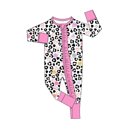 7.22 LR2089 Baby Infant Girls Valentines Leopard Hearts Ruffle Zip Rompers preorder