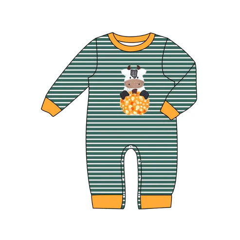 7.15 LR2418 Baby Boys Green Stripe Long Sleeves Cow Pumpkins Pant Rompers Preorder