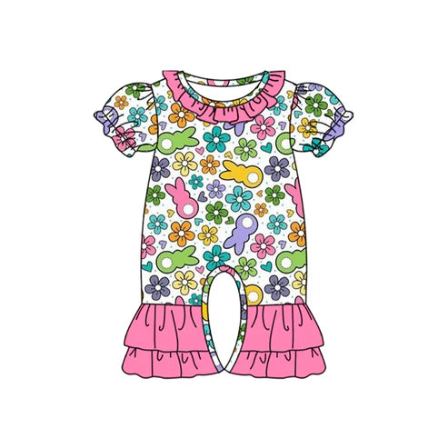 7.21 SR2029 Baby Infant Girls Easter Rabbits Flowers Short Sleeve Rompers preorder