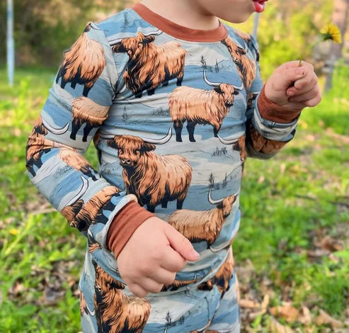 7.18 BLP1011 Baby Boys Cowboy Western Highland Cow Top Pants Pajamas Clothes Sets Preorder