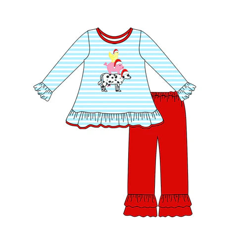 7.14 GLP2590 Baby Girls Long Ruffle Sleeves Christmas Hats Chicks Cows Top Pant Set Preorder