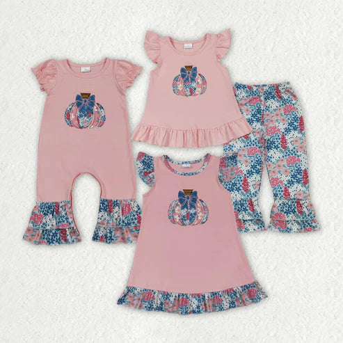 7.10 Sibling Embroidery Baby Girls Pink Floral Pumpkin Rompers Dresses Outfits