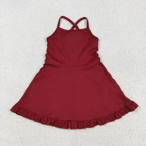 7.24 S0568 Baby Girls Dark Red Strap Shorts Yoga Knee Length Dress