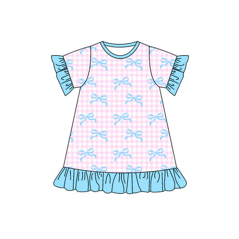 7.21 GSD1448 Baby Girls Pink Checkered Bows Ruffle Knee Length Dresses Preorder