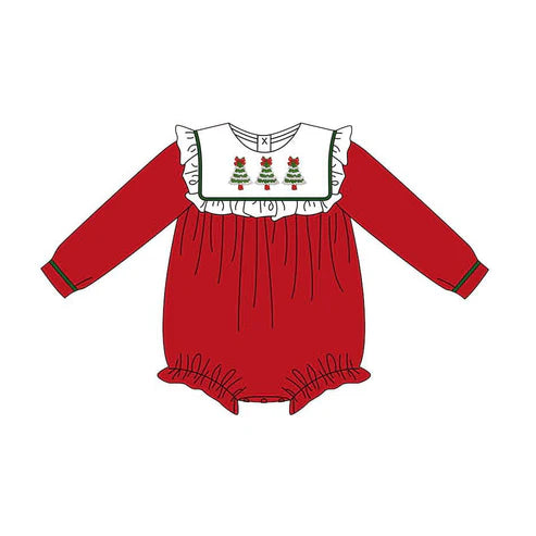 7.11 LR2410 Baby Girls Red Long Sleeves Bows Trees Ruffle Rompers Preorder