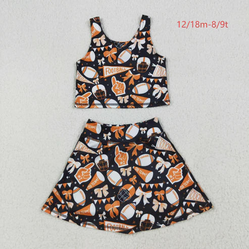 7.15 GSD2687 Baby Girls Team Orange Football Bows Vest Top Short Skirts Yoga Set