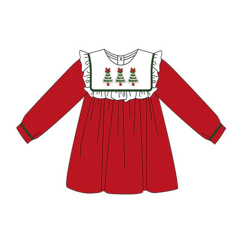 7.11 GLD1188 Baby Girls Red Long Sleeves Bows Trees Knee Length Dresses Preorder
