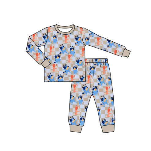7.16 BLP0957 Baby Kids Dog Checkered Shirt Pants Pajamas Clothes Sets Preorder