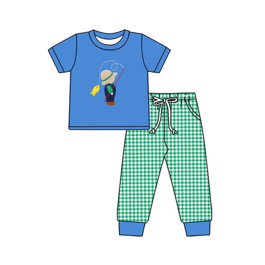 7.23 BSPO0506 Baby Boys Blue Fishing Shirt Checkered Pants Clothes Sets Preorder