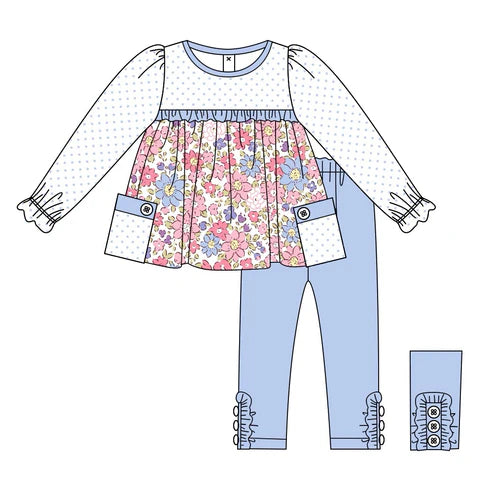 7.17 GLP2069 Baby Girls Blue Dots Flowers Pockets Tunic Legging Clothes Sets Preorder