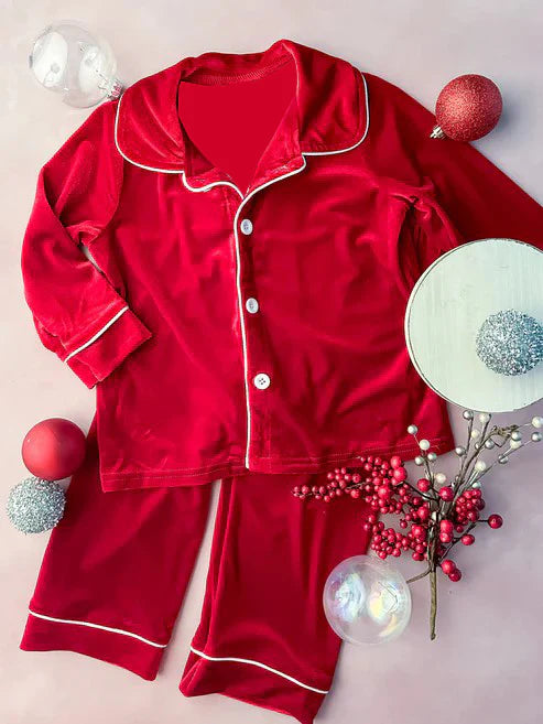7.16BLP0959 Baby Boys Red Velvet Buttons Shirts Pants Pajamas Clothes Sets Preorder