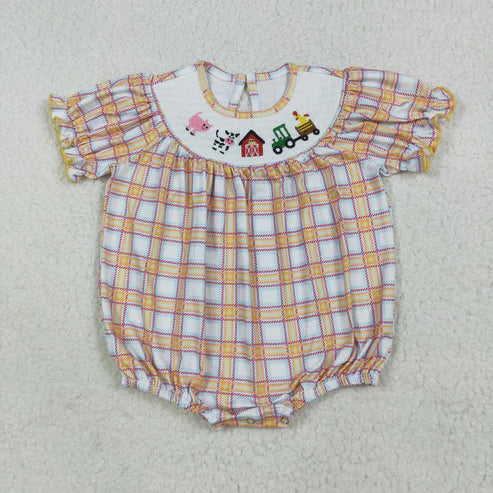 7.15 SR2982 Baby Infant Girls Orange Plaid Short Ruffle Sleeves Cows Pigs Farm Smocked Romper