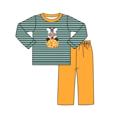 7.15 BLP1169 Baby Boys Green Stripe Long Sleeves Cows Pumpkins Top Pant Set Preorder