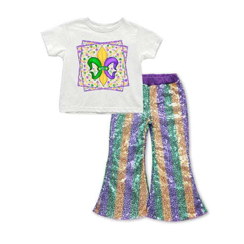 7.17 GSPO1724 Baby Girls Mardi Gras Anchor Tops Sequin Bell Pants Clothes Sets Preorder