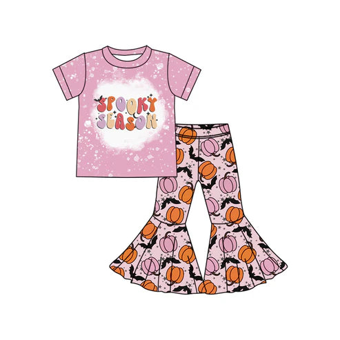 7.15 GSPO2055 Baby Girls Spooky Season Top Pumpkins Bats Bell Bottom Pant Set Preorder