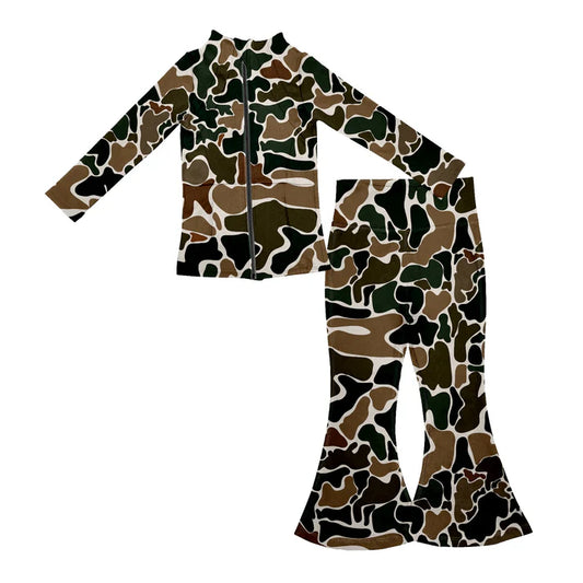 7.22 GLP2172 Baby Girls Brown Camo Yoga Zip Top Bell Pants Active Wear Clothes Sets Preorder