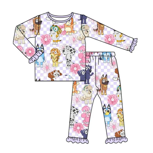 7.21 GLP2150 Baby Girls Lavender Checkered Dogs Top Pants Pajamas Clothes Sets Preorder