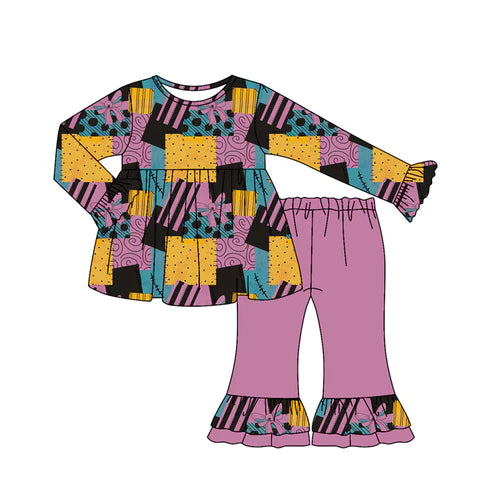 7.15 GLP2586 Baby Girls Long Ruffle Sleeves Purple Bows Plaid Tunic Flare Pant Set Preorder