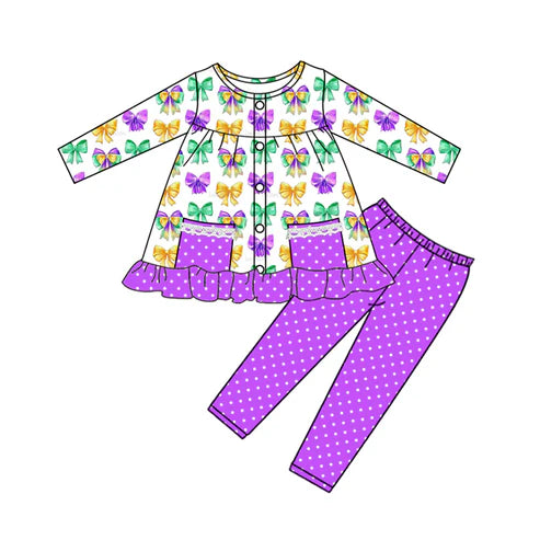 9.12 GLD1292 Baby Girls Purple Yellow Green Bows Button Ruffle Mardi Gras Knee Length Dress Preorder