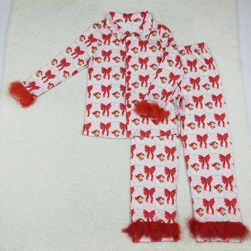 9.13 GLP2715 Adult Women Red Bows Santa Plaid Button Top Pants Christmas Fur Pajamas Set
