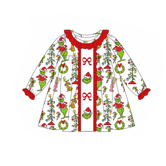 9.11 GLD1289 Baby Girls Green Face Miss Bows Christmas Knee Length Dresses Preorder