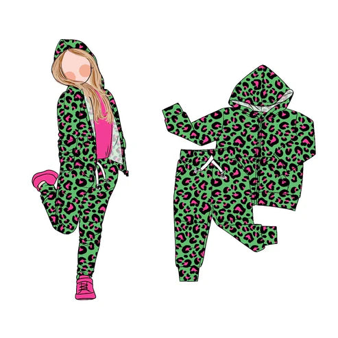 9.11   GLP2792 Baby Girls Green Leopard Zipper Pockets Hoodie Jogger Pant Clothes Sets Preorder