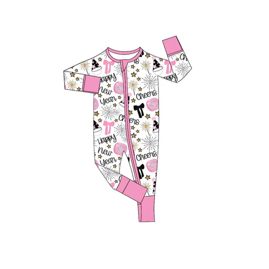 9.11 LR2636 Baby Girls Pink Bows Balls Happy New Year Zipper Footie Rompers Preorder