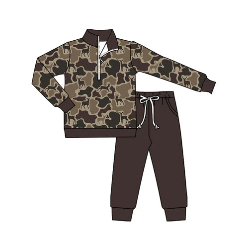 9.12 BLP1270 Baby Boys Brown Deer Camo Zipper Pullovers Pockets Jogger Pant Western Sets Preorder