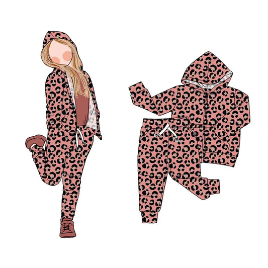 9.11 GLP2794 Baby Girls Peach Leopard Zipper Pockets Hoodie Jogger Pant Clothes Sets Preorder