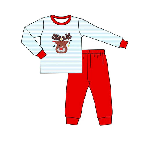 9.12 GLD1293 BLP1275 Baby Boys Blue Stripe Deer Lights Top Pants Christmas Clothes Sets Preorder