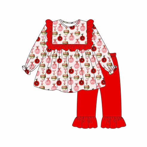 9.12 GLP2811 Baby Girls Red Green Bows Lights Tunic Ruffle Pant Christmas Clothes Sets Preorder