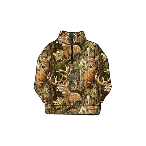 9.12 GT1214 Baby Girls Western Bottomland Deer Yoga Pocket Zipper Pullovers Top Preorder