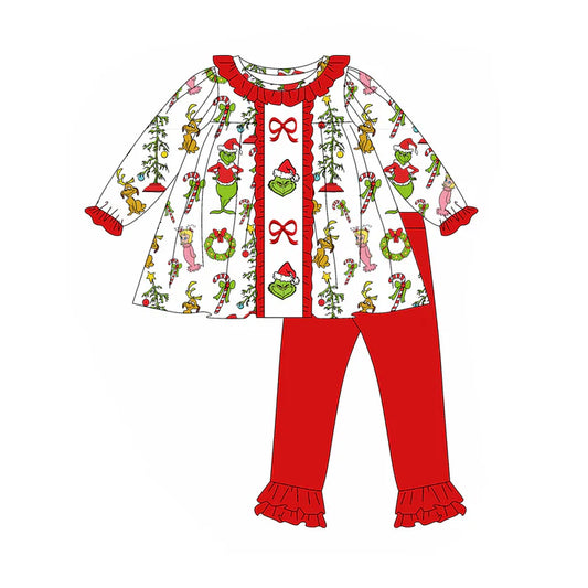 9.11 GLP2812 Baby Girls Green Face Miss Bows Tunic Ruffle Legging Pant Christmas Sets Preorder