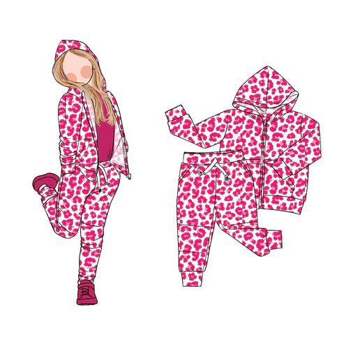 9.11  GLP2790 Baby Girls Pink Leopard Zipper Pockets Hoodie Jogger Pant Clothes Sets Preorder