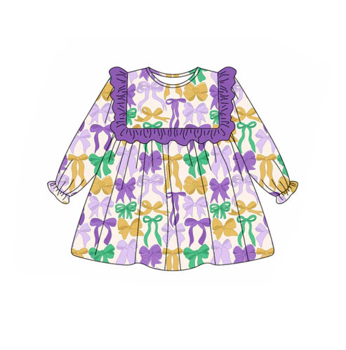 9.12 GLD1295 Baby Girls Mardi Gras Bows Ruffle Knee Length Dress Preorder