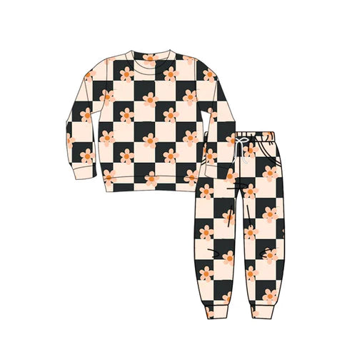 9.10 GLP2803 Baby Girls Pink Black Checked Flowers Top Pockets Jogger Pant Clothes Sets Preorder