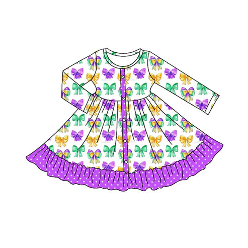 9.12 GLD1292 Baby Girls Purple Yellow Green Bows Button Ruffle Mardi Gras Knee Length Dress Preorder