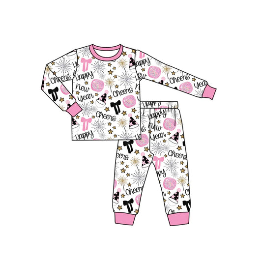 9.11 GLP2818 Baby Girls Pink Bows Balls Happy New Year Top Pant Pajamas Sets Preorder