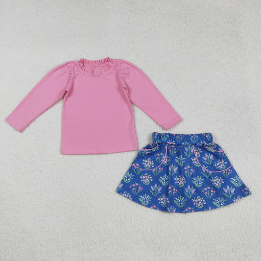 9.10 GLD1256 Baby Girls Pink Long Sleeves Shirts Top Floral Pockets Skirts Set