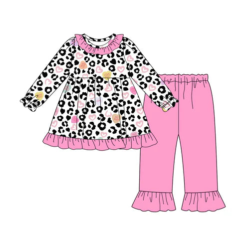 9.12 GLP2819 Baby Girls Pink Black Leopard Hearts Tunic Ruffle Pant Valentine Clothes Sets Preorder