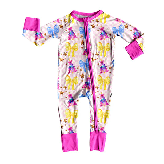9.11 LR2631 Baby Girls Pink Checked Trees Bows Christmas Zipper Footie Rompers Preorder