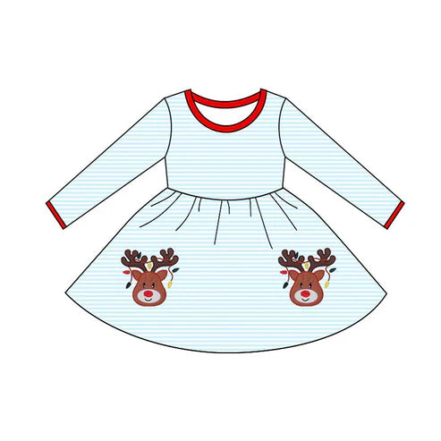 9.12 GLD1293 Baby Girls Blue Stripe Deer Lights Christmas Knee Length Dress Preorder