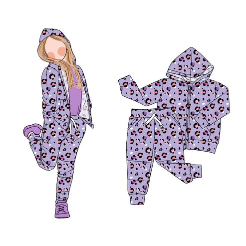9.11  GLP2791 Baby Girls Purple Leopard Zipper Pockets Hoodie Jogger Pant Clothes Sets Preorder