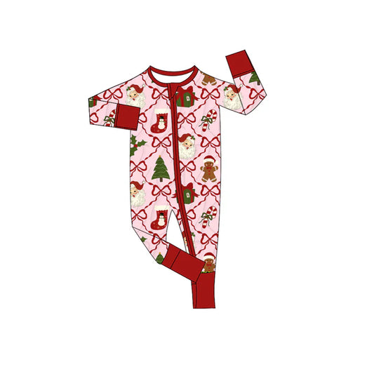 9.11 LR2632 Baby Girls Red Bows Santa Gifts Plaid Christmas Zipper Footie Rompers Preorder