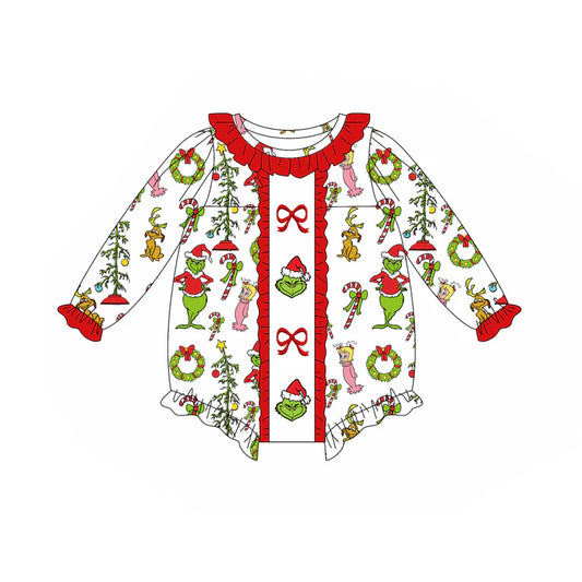 9.11 LR2635 Baby Girls Green Face Miss Bows Christmas Ruffle Rompers Preorder